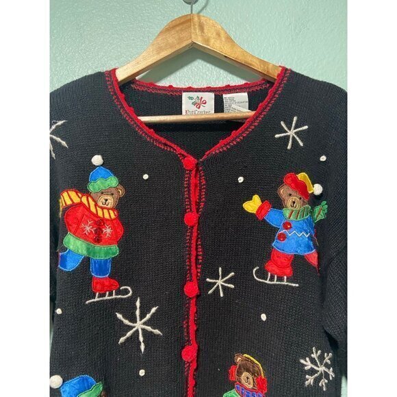 Vintage Nutcracker Women's Christmas Holiday Teddy Bear Snow Cardigan Sweater M - Picture 4 of 9